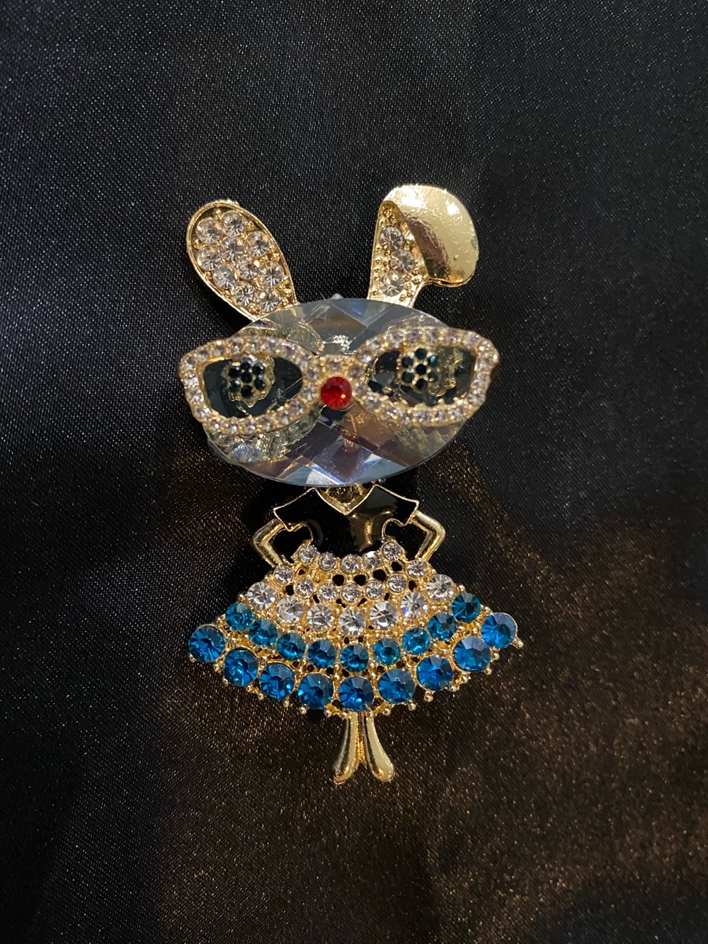 Crystal Bunny Dress Brooch - Blue & Clear Rhinestone Accent